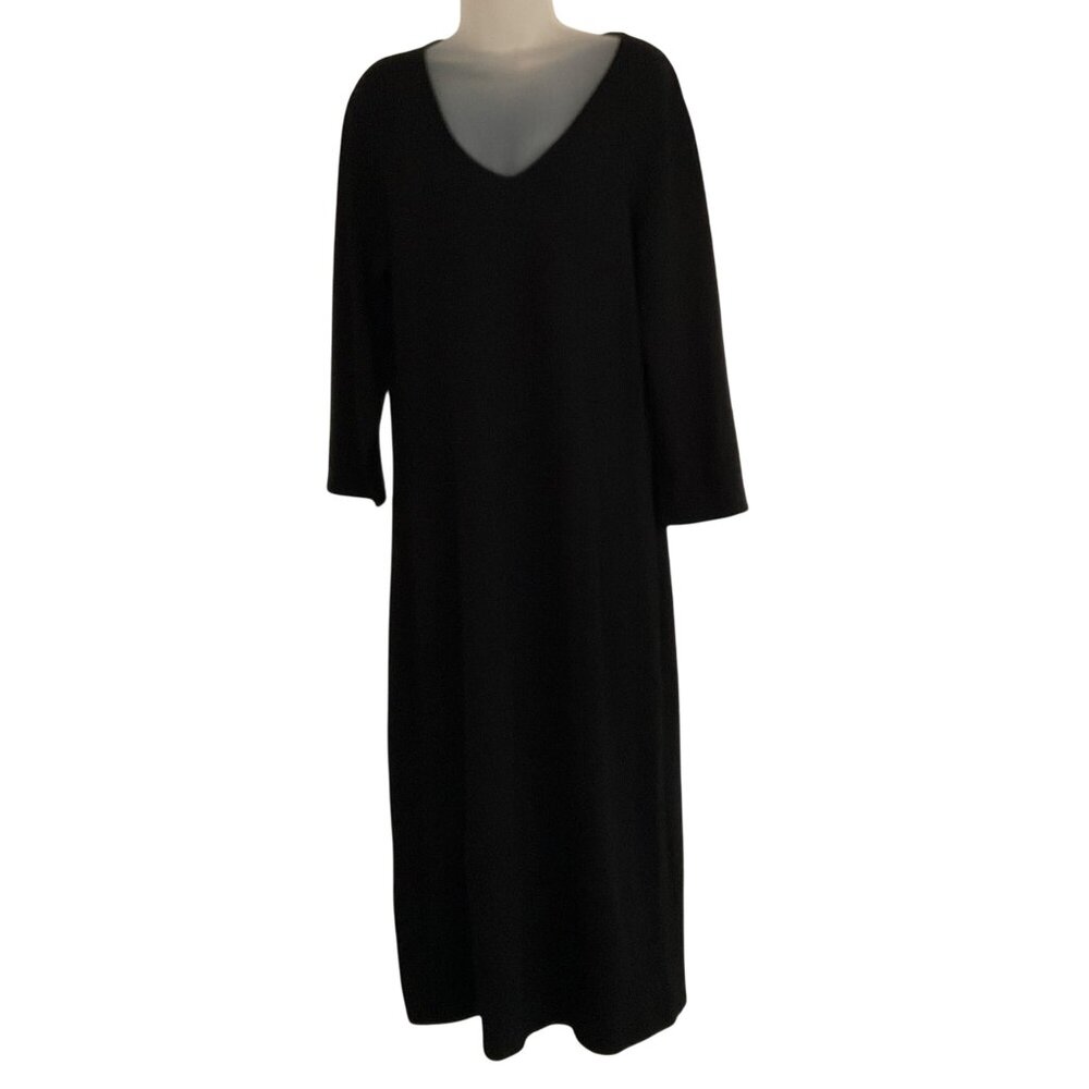 Talbots Womens Black Long Sleeve V-Neck Midi Dress L Rayon Blend stretch knit